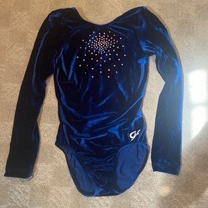 GK Elite long sleeve competition gymnastics leotard, Navy Blue velvet, adult S
